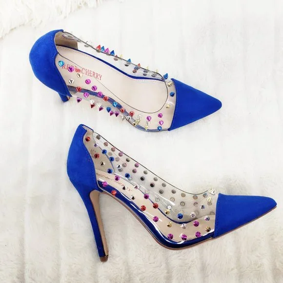 Gigi 09 Blue Multi Color Spiked Stiletto High Heel Shoes Pumps - Picture 1 of 9